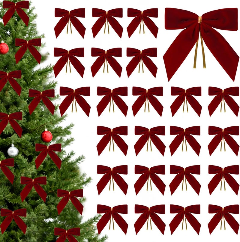 CCILAND Store 24 Pcs Burgundy Small Velvet Bows for Christmas Tree, 3.54 Inch Mini Christmas Bows for Gift Wrapping, Twist Tie Velvet Bows Xmas Ornaments for Wreath, Crafts, Party, Wedding - Image 1